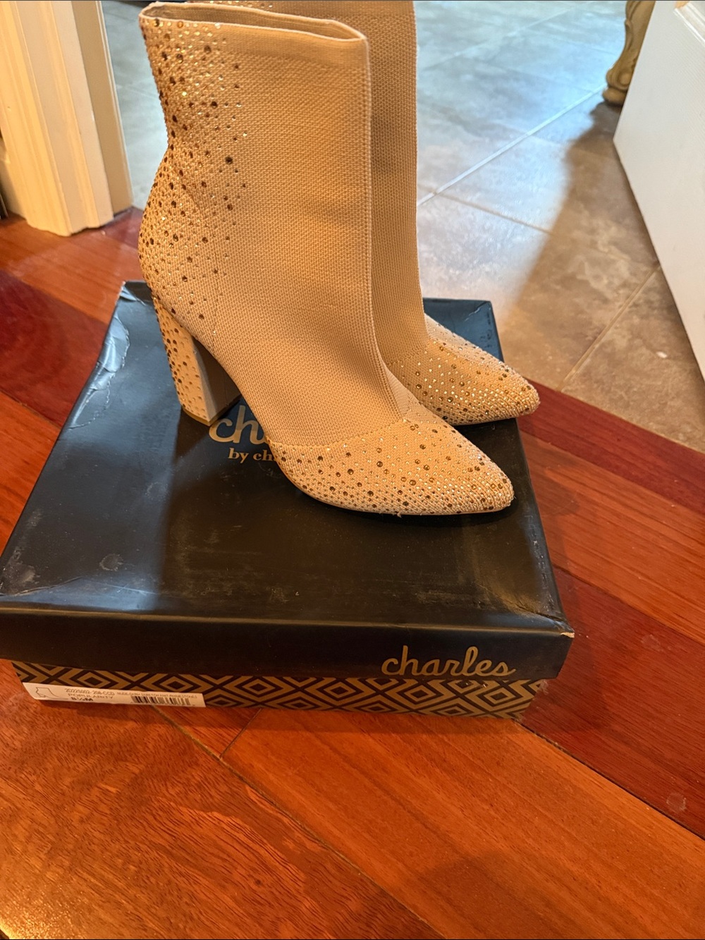 Charles by Charles David Beige Rhinestone Pointed-Toe Block Heel Booties